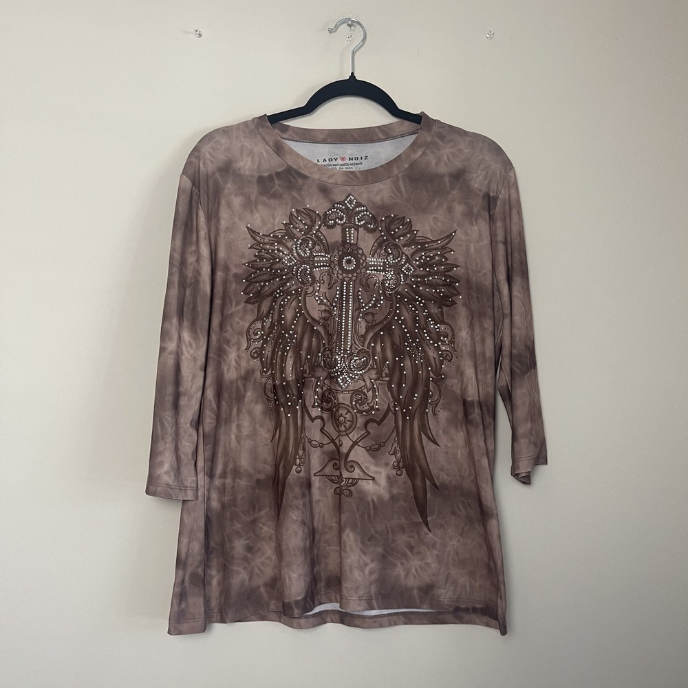 Y2K Embellished Cross Wings Top Studded Graphic Tee Brown Tie Dye Boho Grunge XL